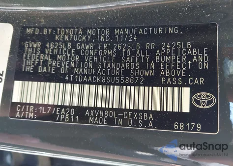 2025 Toyota Camry Se из США, поврежденный, VIN 4T1DAACK8SU558672